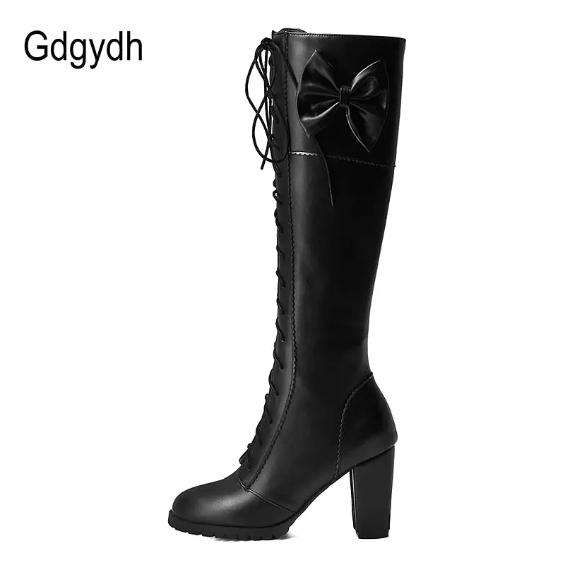 Autumn Winter Women Knee-High Motorcycle Boots Thick Heel Platform Bow-knot