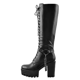 Black Platform Knee Chunky High Heels Boots