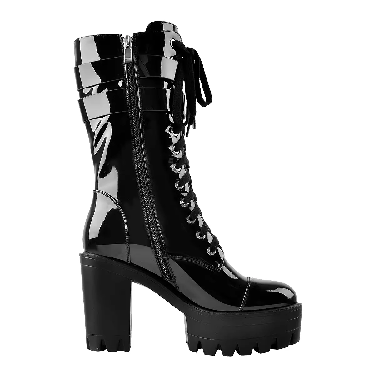 Black Platform Mid Calf Chunky High Heels Boots