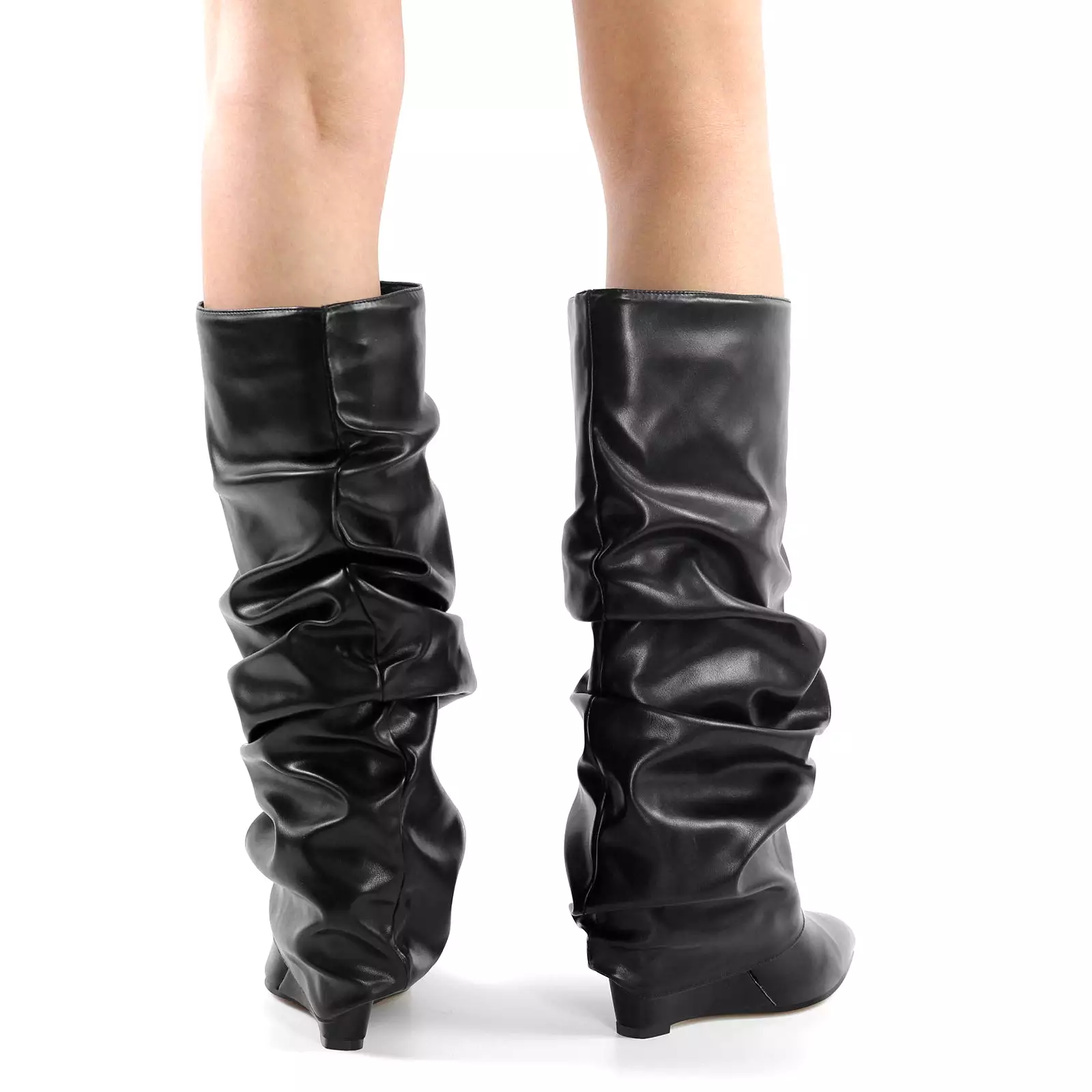 Black Pointed Toe Wedge Fold Over Knee Boots