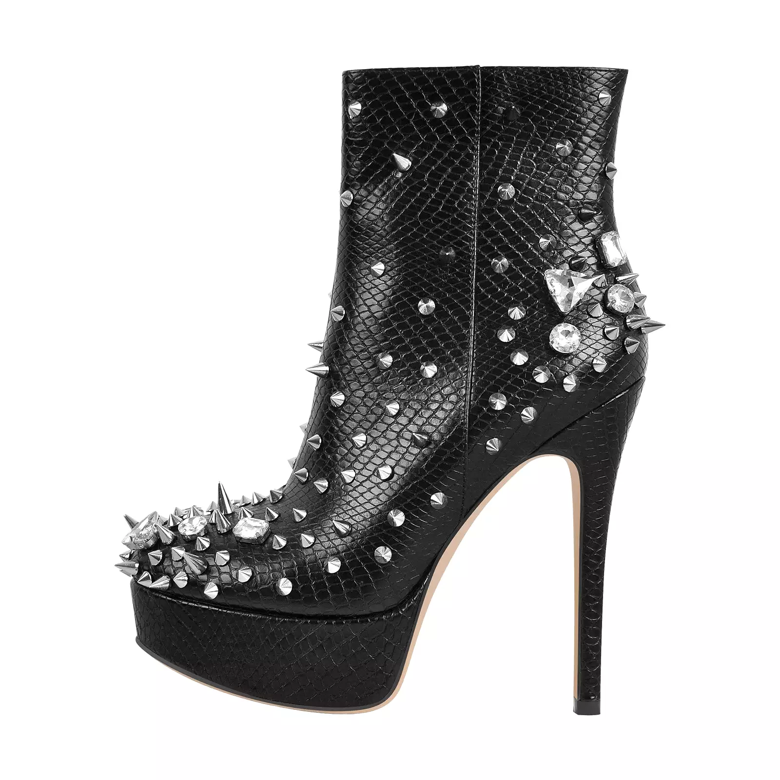 Black Rhinestone Rivet Studded Platform Ankle Boots