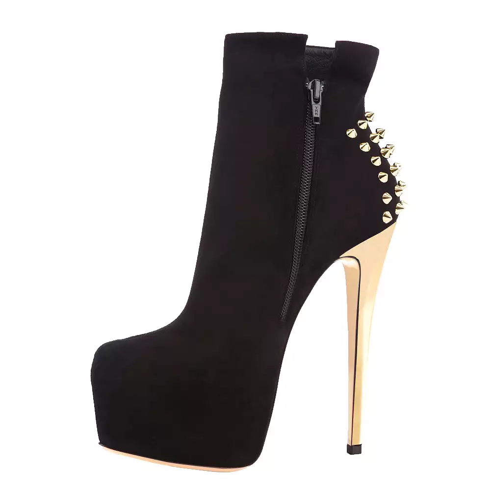 Black Suede Platform Golden Rivet Stiletto High Heel Ankle Boots