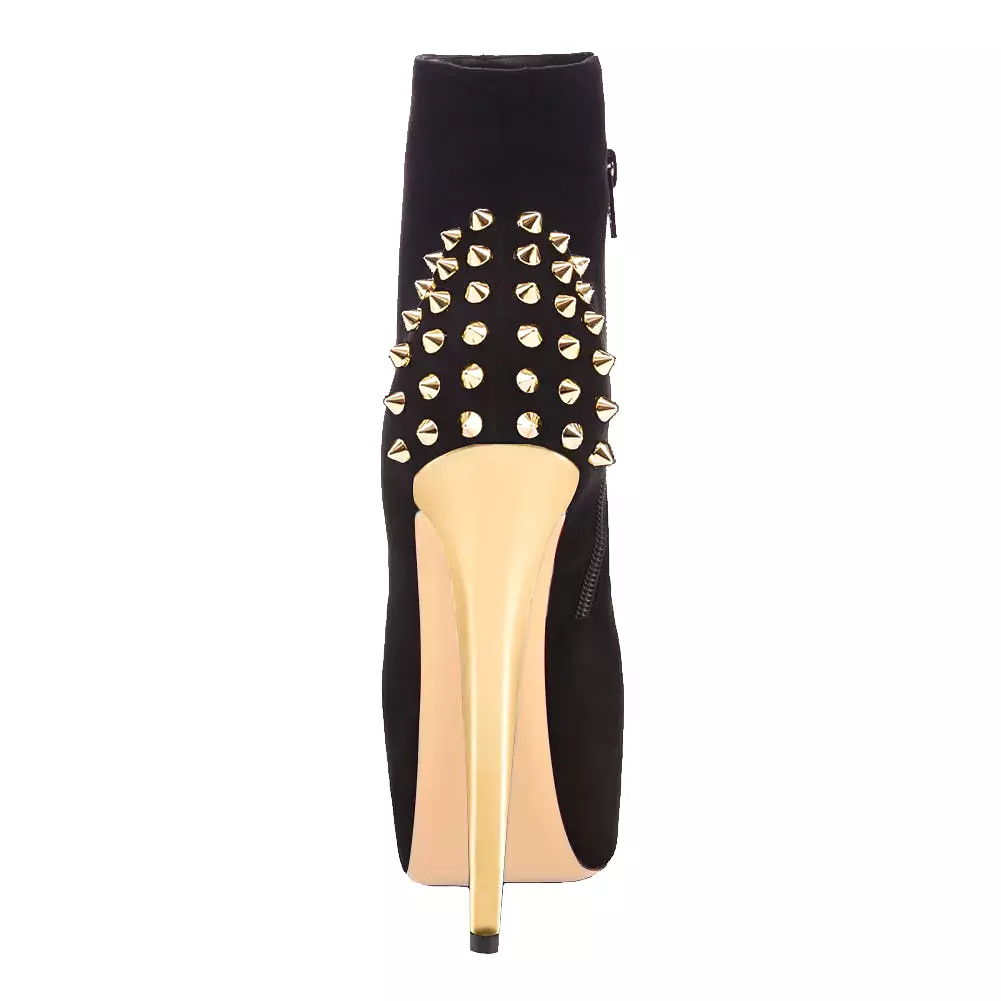 Black Suede Platform Golden Rivet Stiletto High Heel Ankle Boots