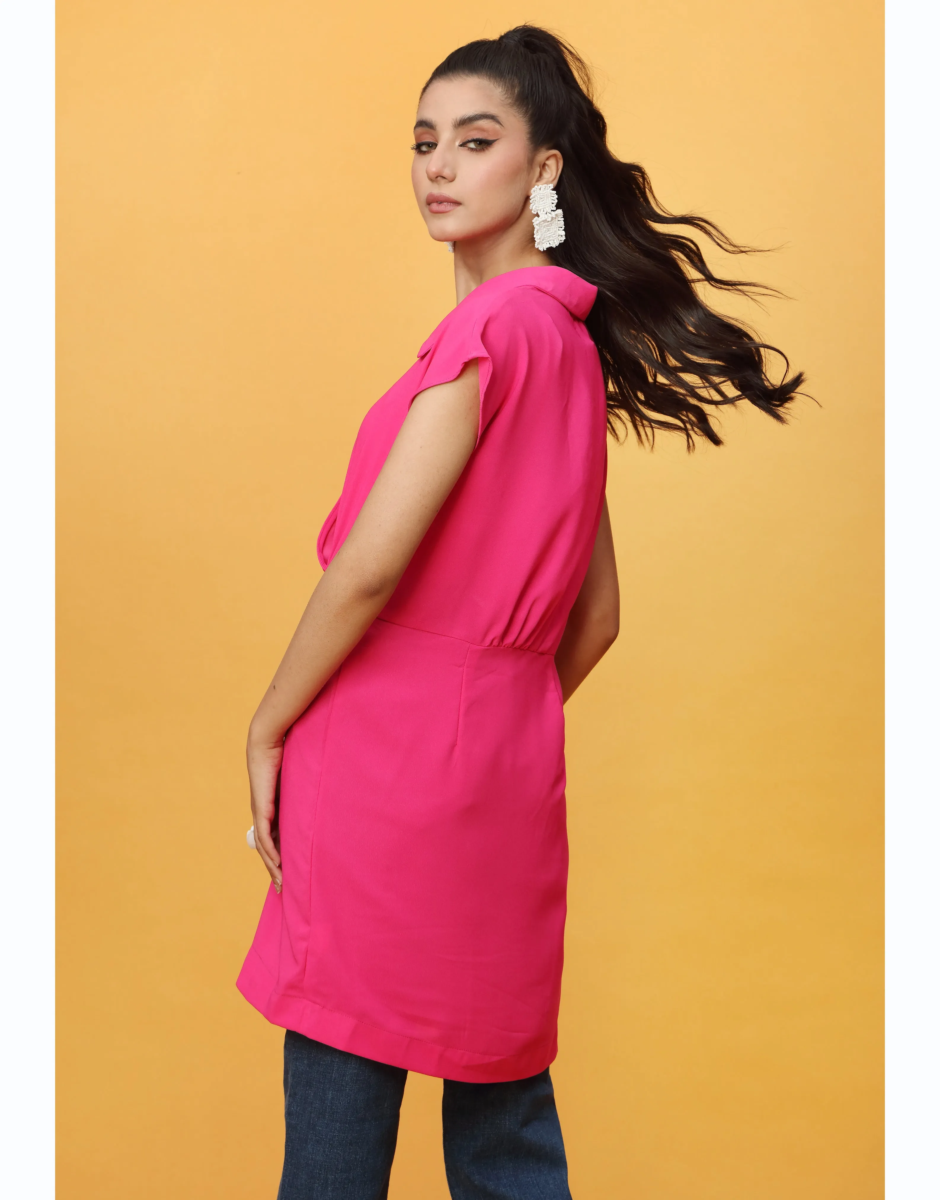 Collar Neck Long Top in Hot Pink