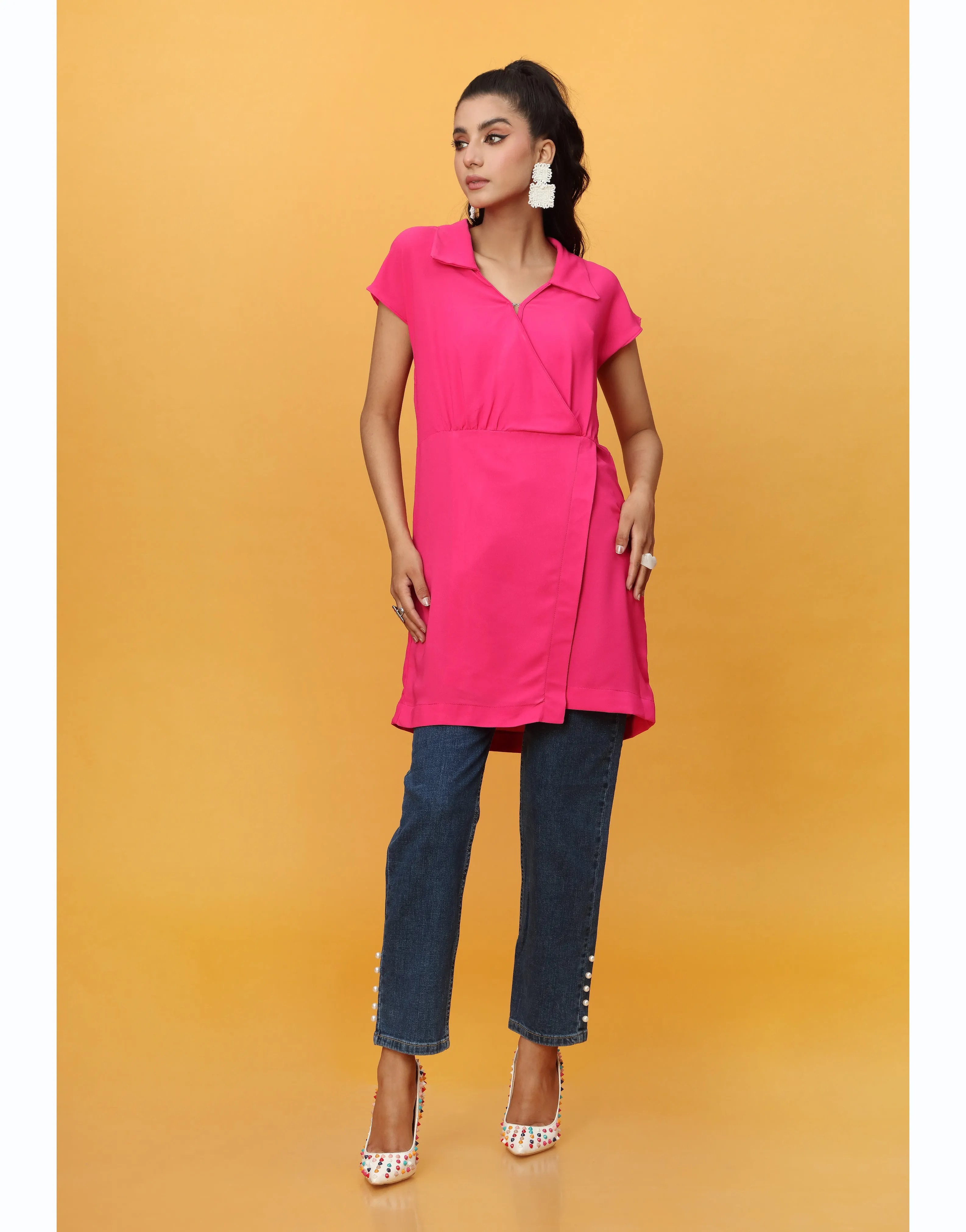 Collar Neck Long Top in Hot Pink