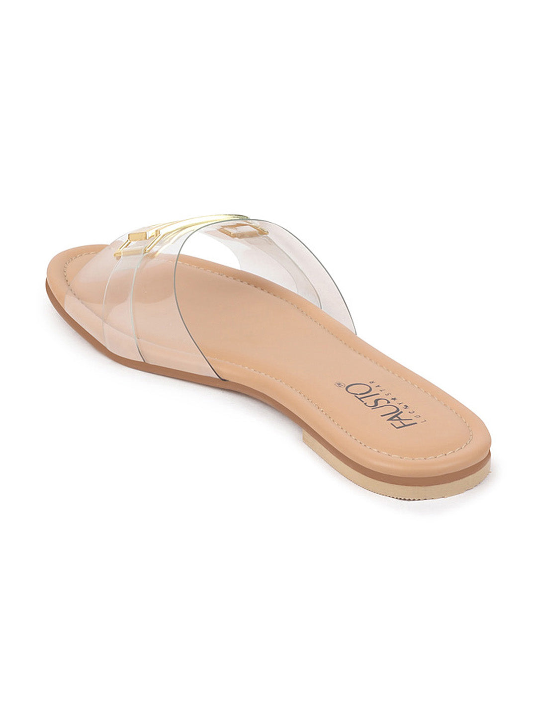 Women Beige Slip-On Casual Open Toe Buckle Design Outdoor Flats Slippers