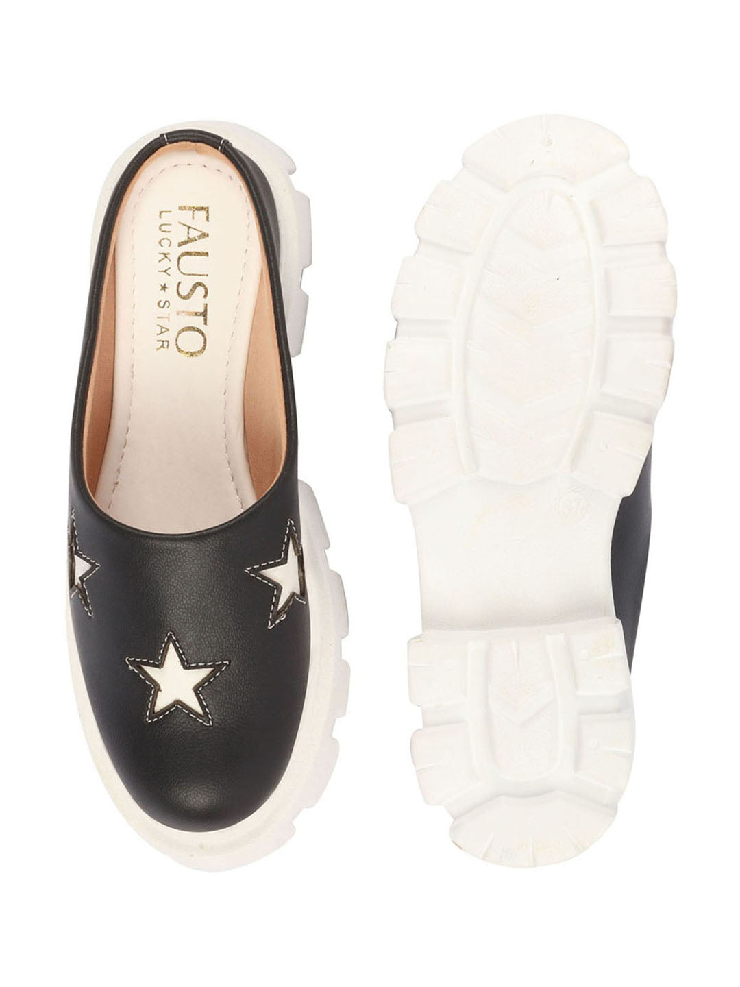 Women Black Laser Cut Star Open Back Height Enhancer Slip On Casual Shoes