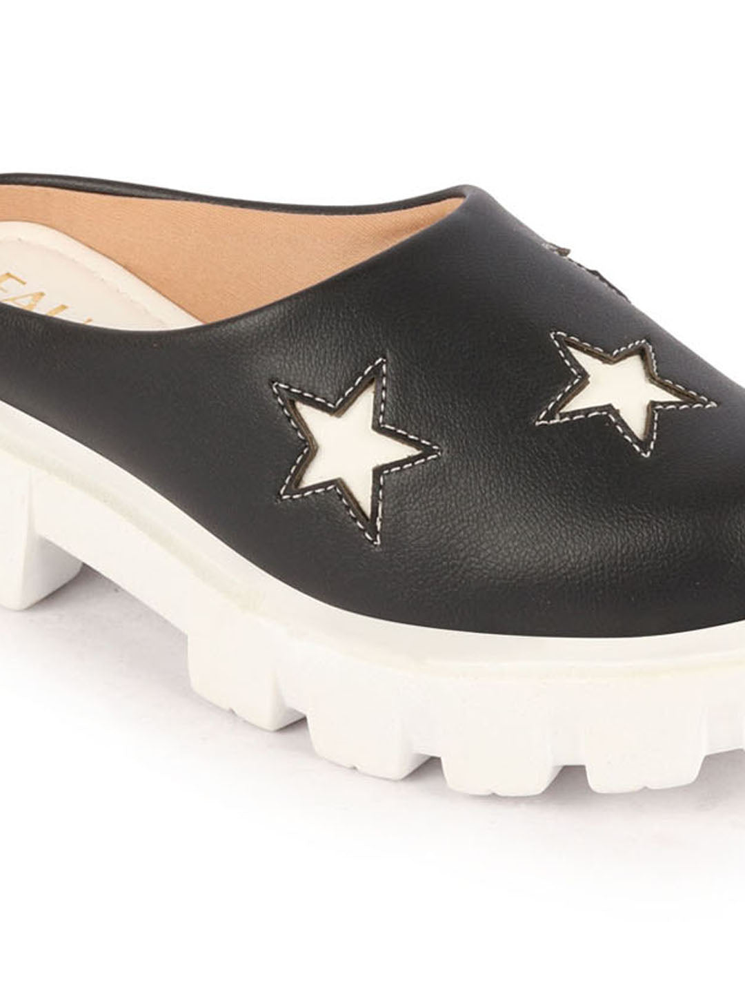 Women Black Laser Cut Star Open Back Height Enhancer Slip On Casual Shoes