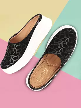 Women Black Leopard Print Height Enhancer Open Back Slip On Casual Shoes