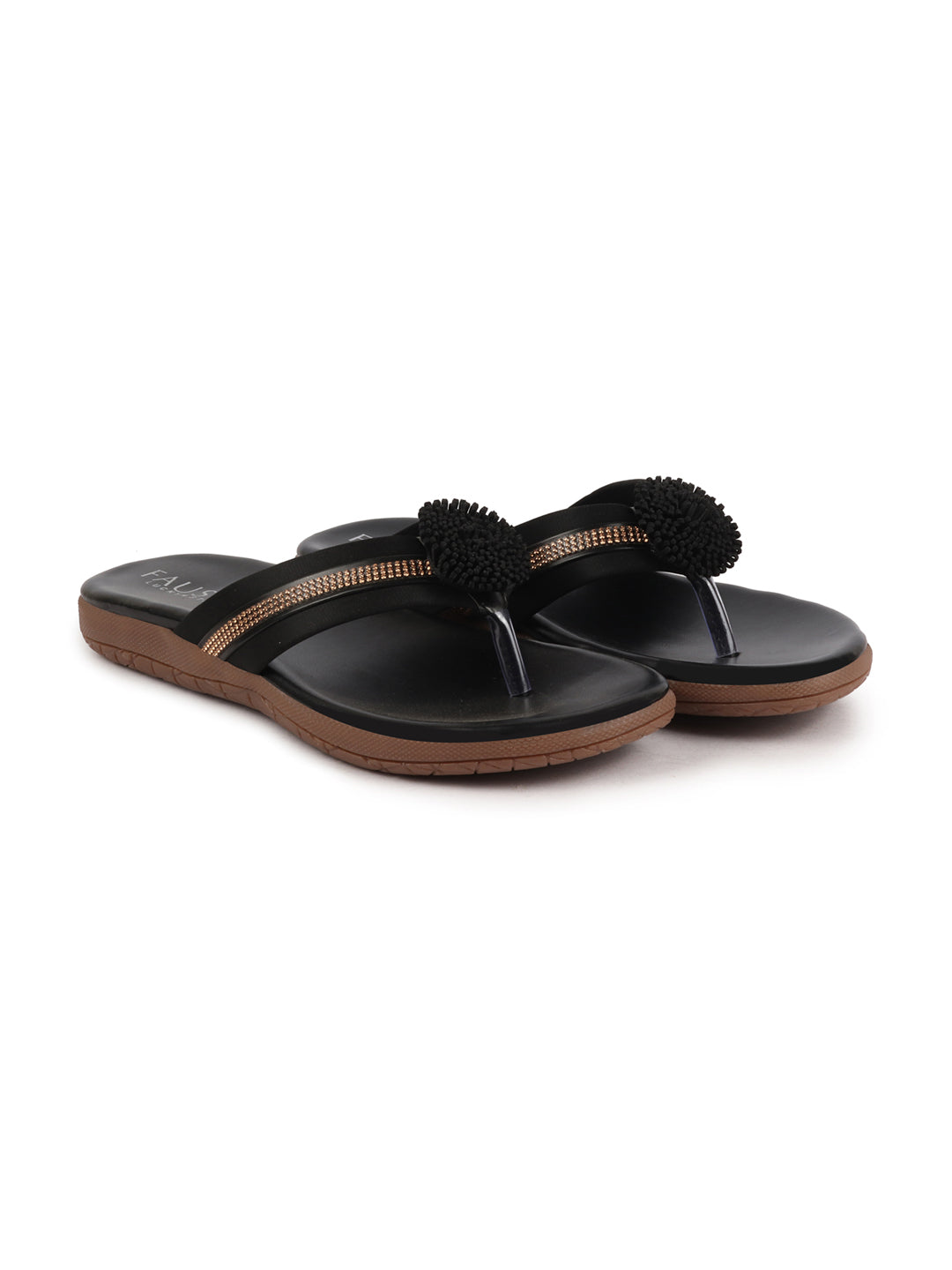 Women Black Shiny Beads T-Strap Slipper With Cushioned Footbed|Party|Office Wear|Weekend