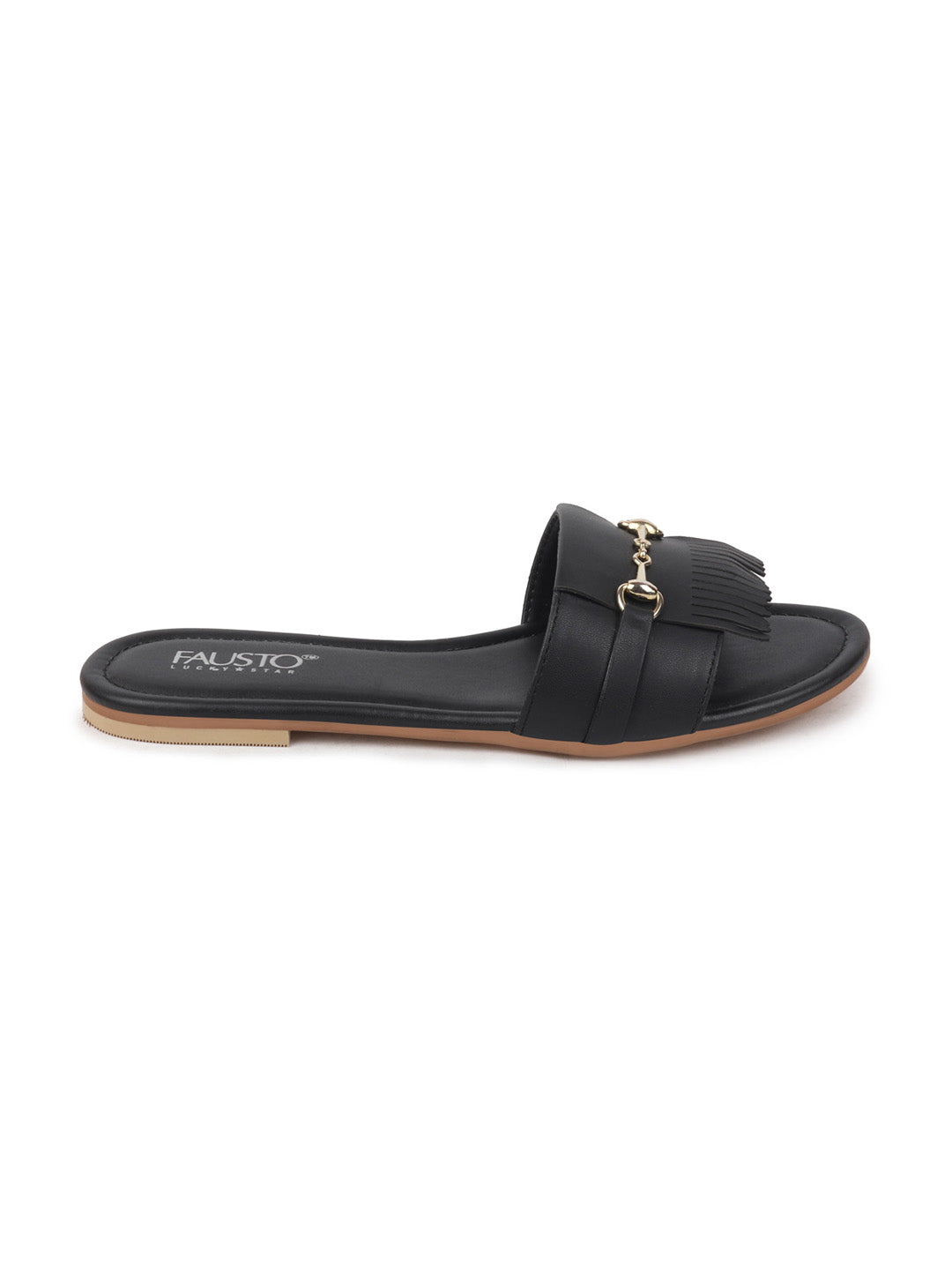 Women Black Slip-On Casual Laser Cut Horsebit Buckle Open Toe Flats Slippers