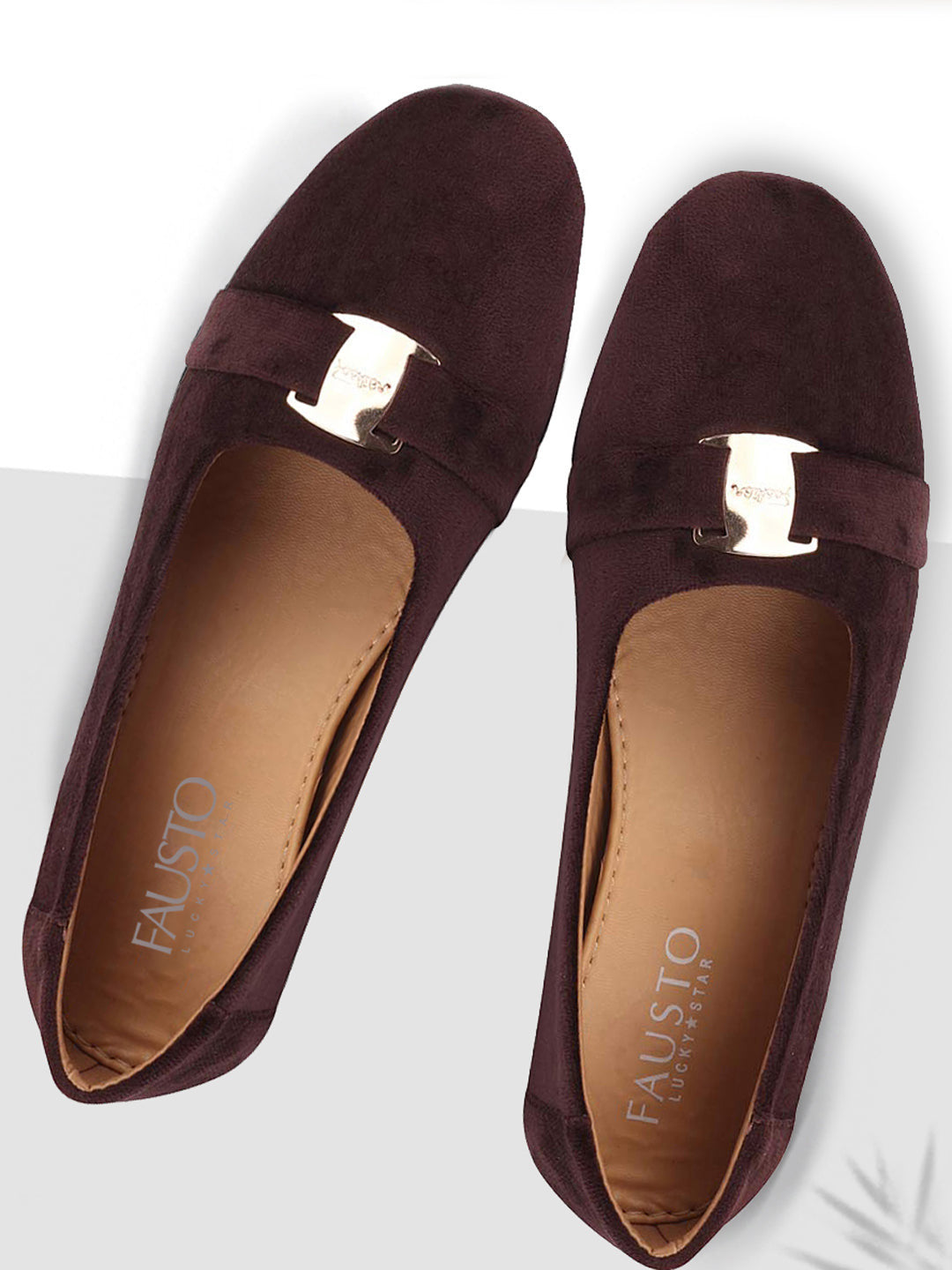 Women Brown Buckle Slip On Ballerina