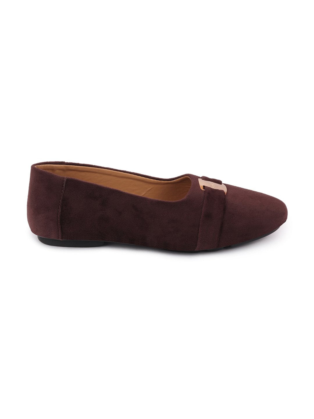 Women Brown Buckle Slip On Ballerina