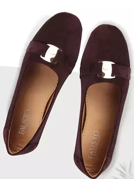 Women Brown Buckle Slip On Ballerina