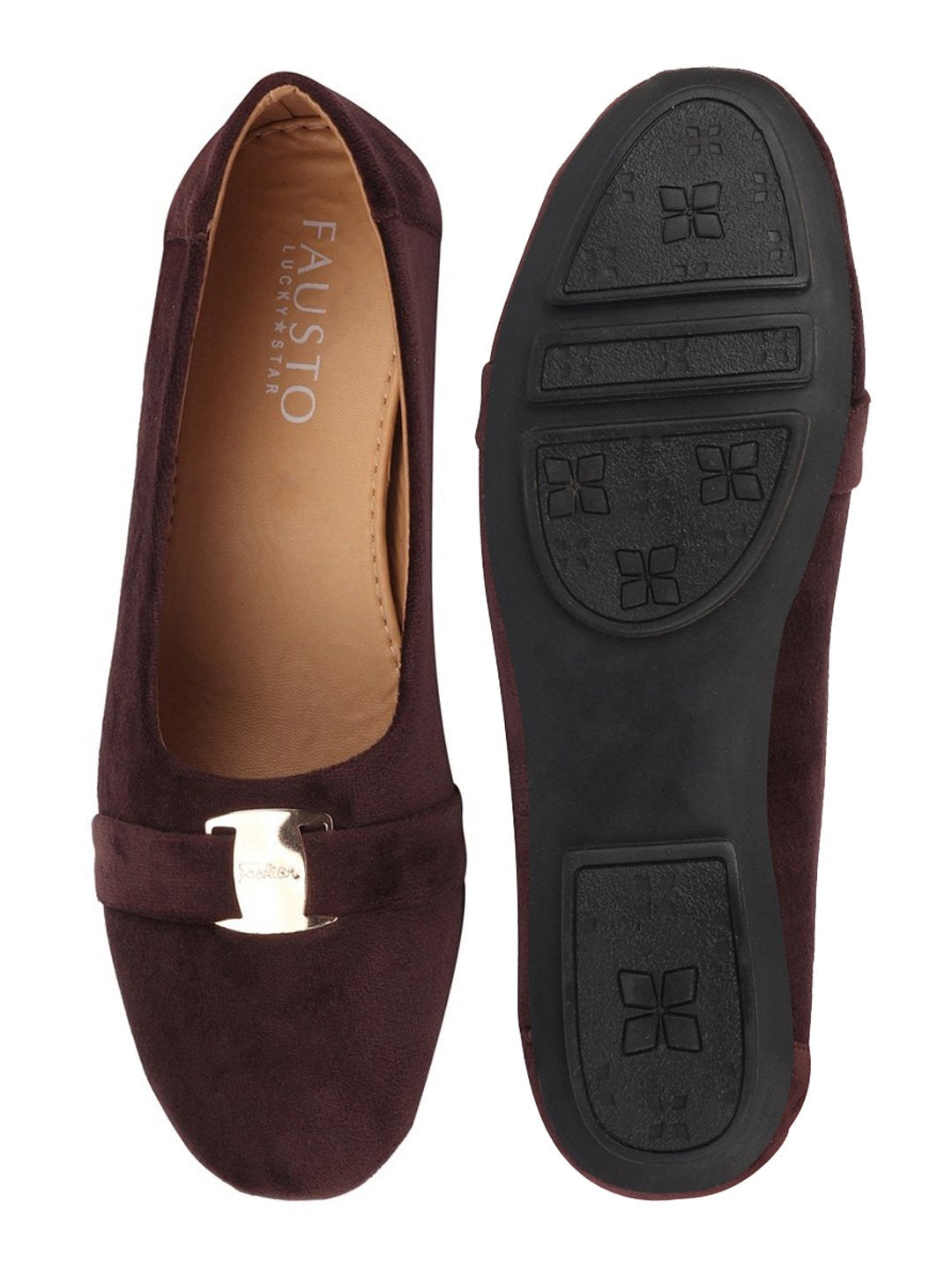 Women Brown Buckle Slip On Ballerina