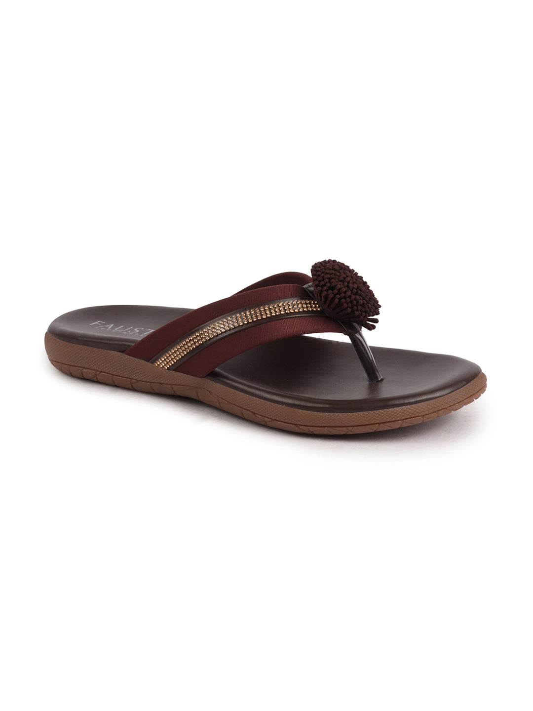 Women Brown Shiny Beads T-Strap Slipper With Cushioned Footbed|Party|Office Wear|Weekend