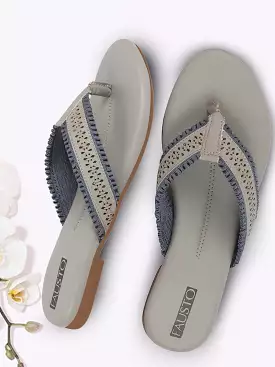 Women Grey Laser Cut Design T-Strap Thong Slip On Flats Slippers