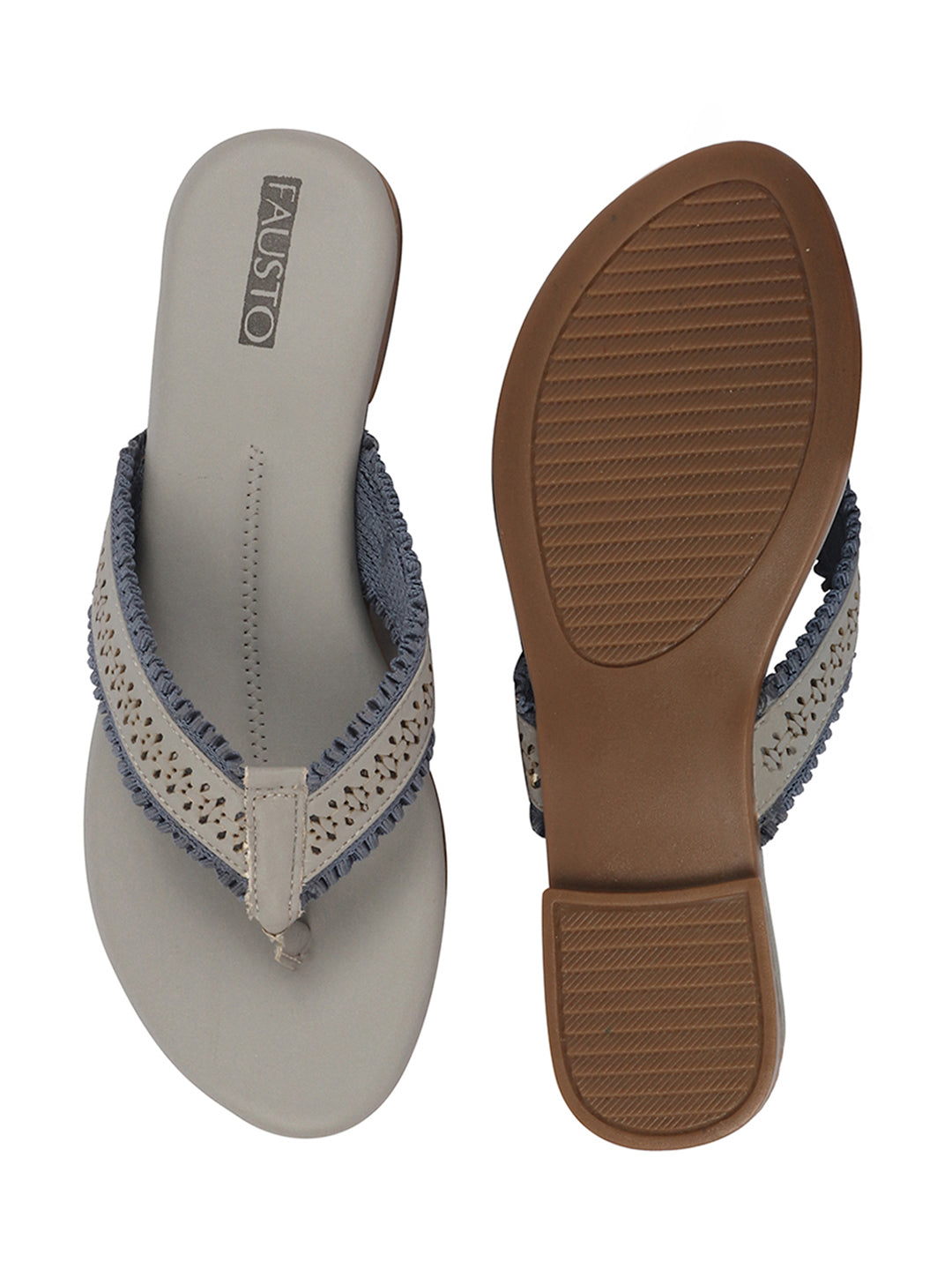 Women Grey Laser Cut Design T-Strap Thong Slip On Flats Slippers