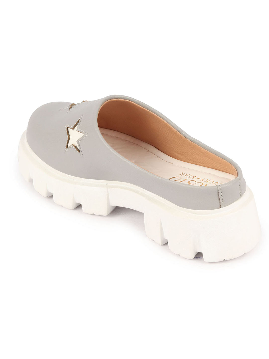 Women Grey Laser Cut Star Open Back Height Enhancer Slip On Casual Shoes