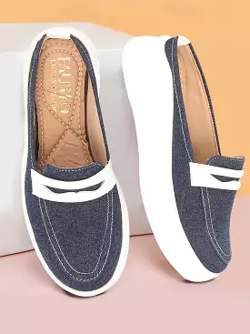 Women Navy Blue Fashion Outdoor Height Enhancer Open Back Slip On Upper Denim Casual Shoes