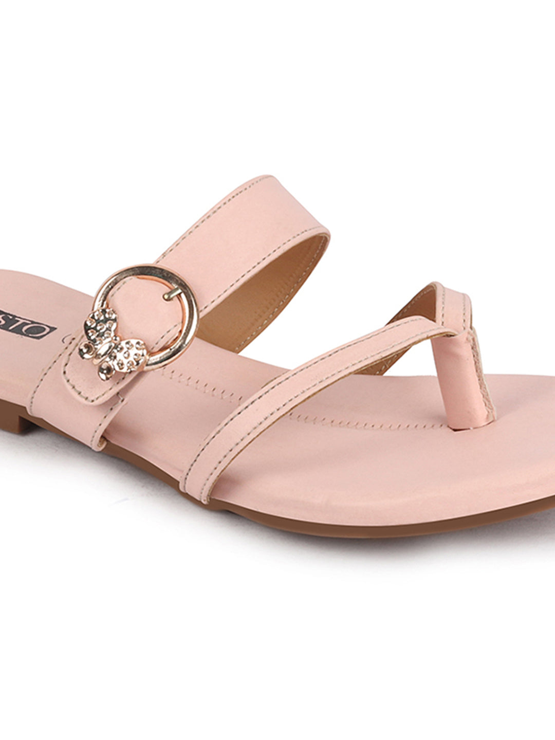 Women Pink Party Chrome Design Buckle Strap Thong Slip On Flats Slipper