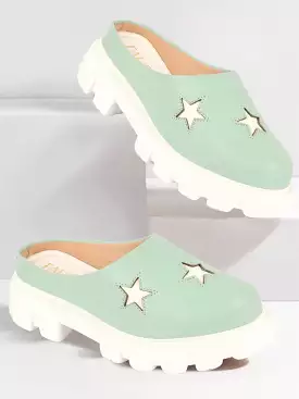 Women Pista Green Laser Cut Star Open Back Height Enhancer Slip On Casual Shoes