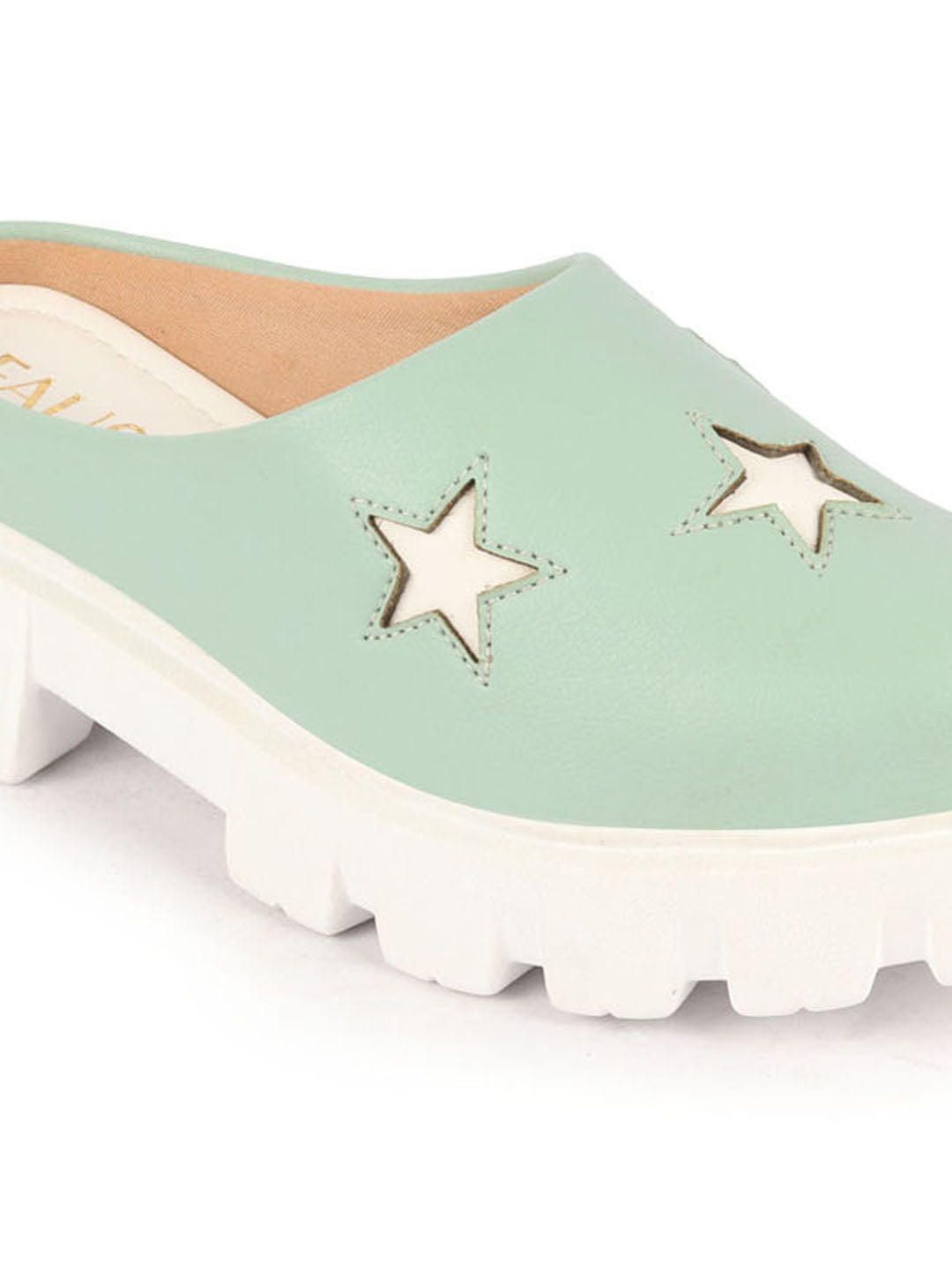 Women Pista Green Laser Cut Star Open Back Height Enhancer Slip On Casual Shoes