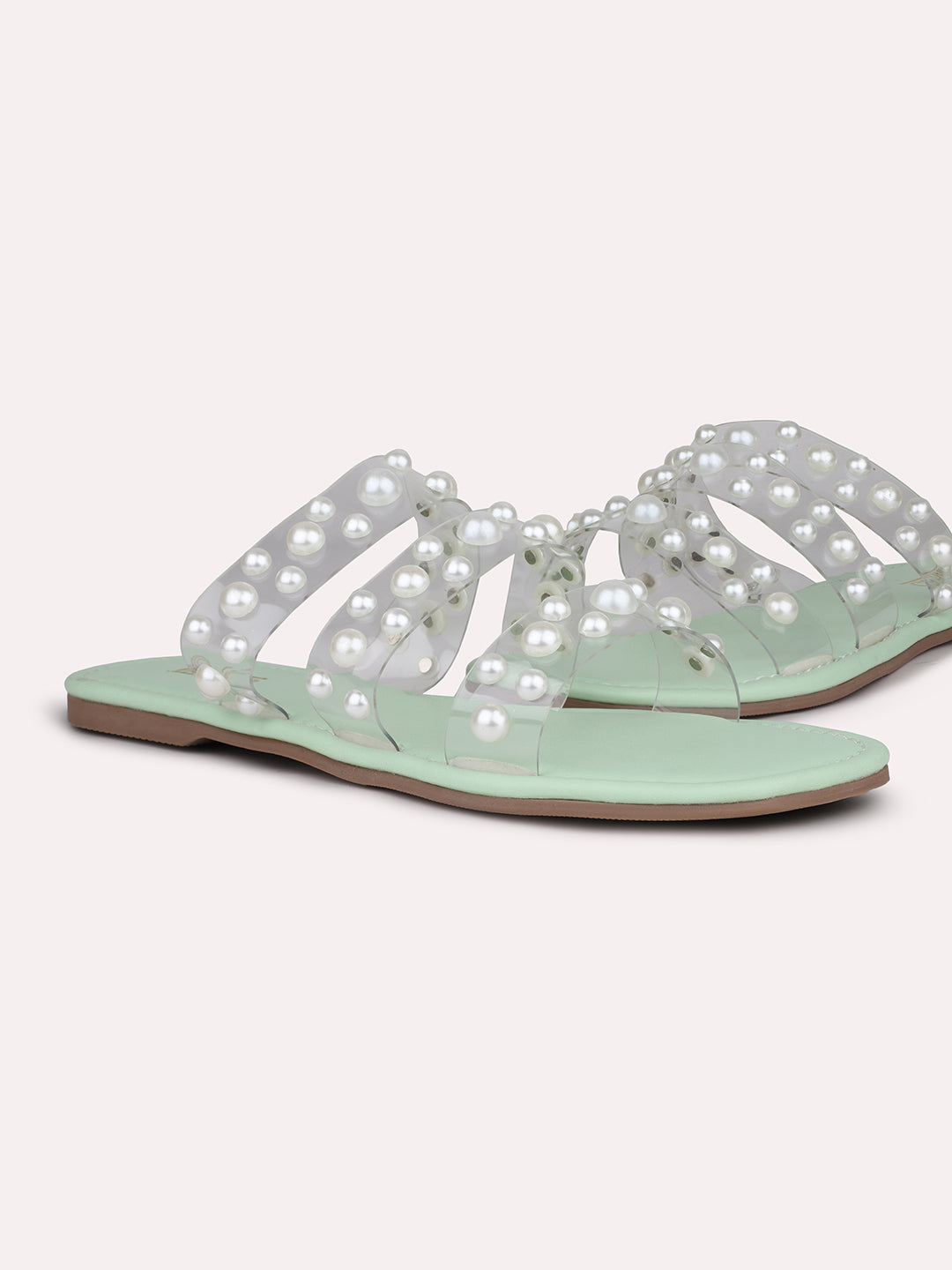 Women Pista Western Embellished Open Toe Flats with Pearl Studded