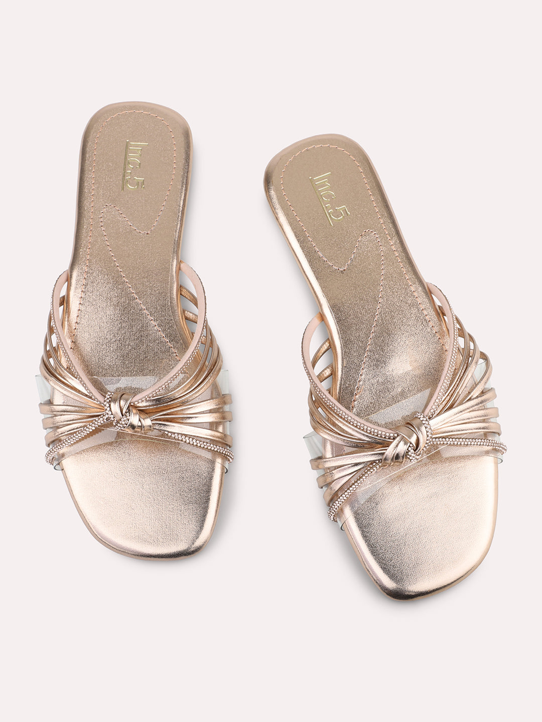 Women Rose Gold Embellished Strappy Open Toe Flats with Knot Detail