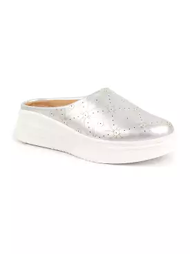 Women Silver Laser Cut Back Open Platform Heel Slip On Mules Casual Shoes