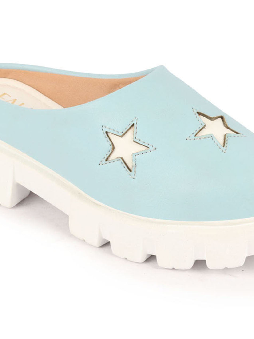 Women Sky Blue Laser Cut Star Open Back Height Enhancer Slip On Casual Shoes