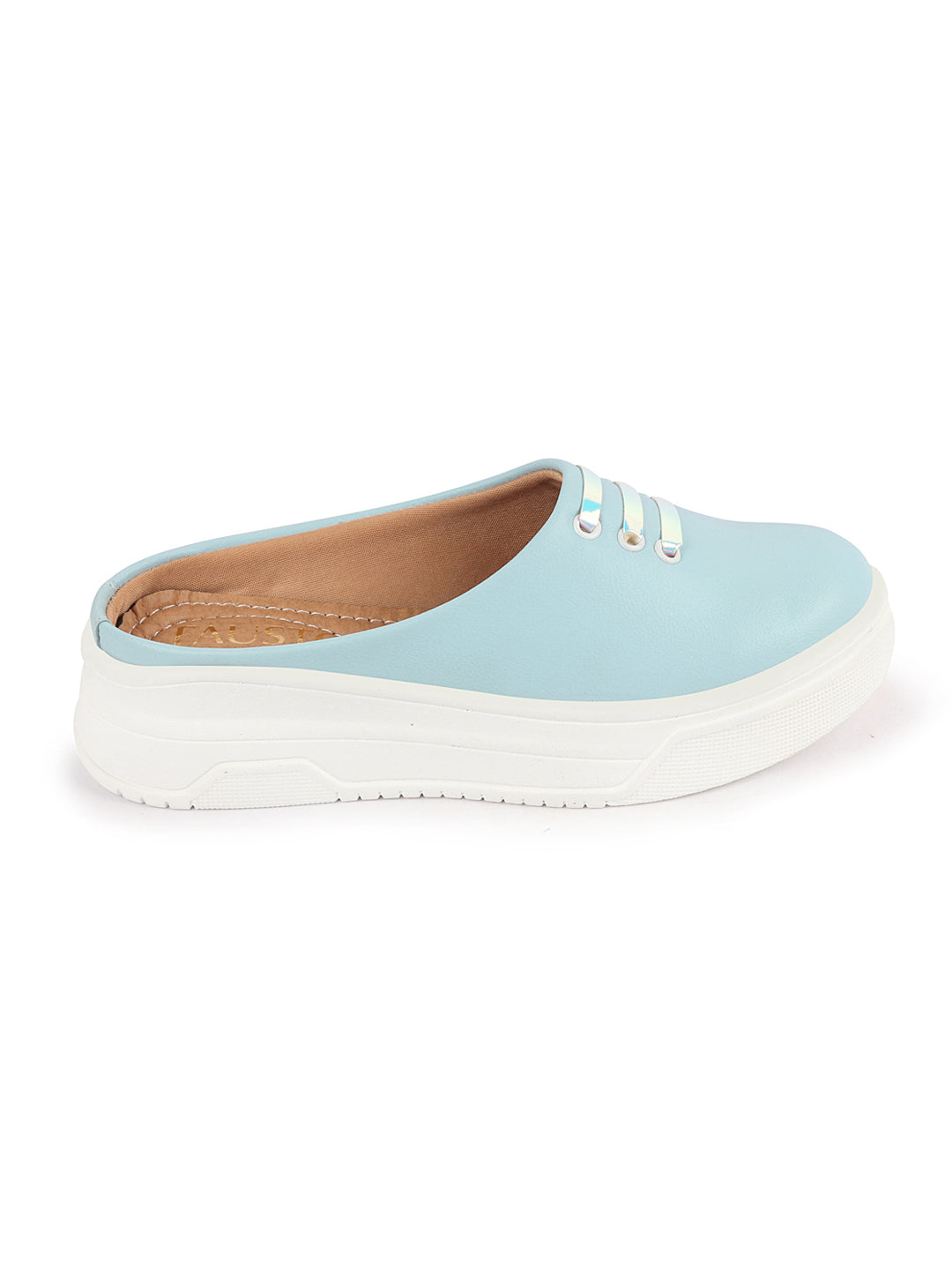 Women Sky Blue Outdoor Fashion Comfort Lace Design Open Back Platform Heel Slip On Casual Shoes