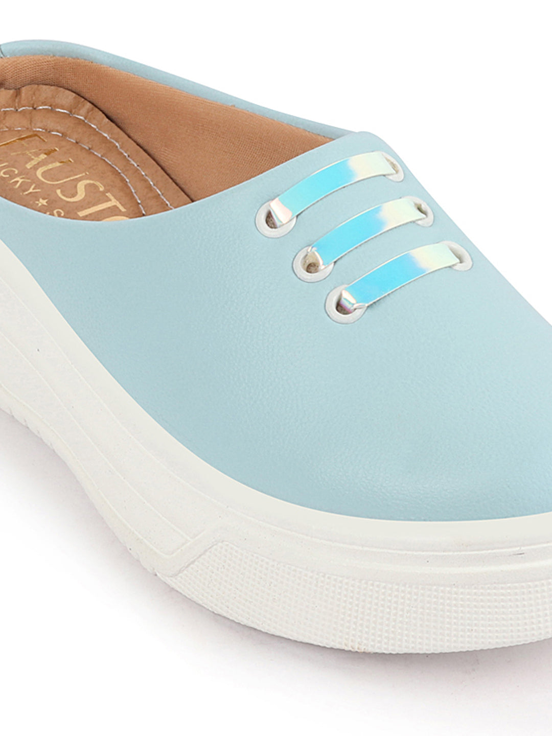 Women Sky Blue Outdoor Fashion Comfort Lace Design Open Back Platform Heel Slip On Casual Shoes