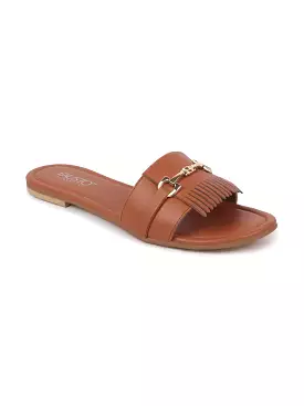 Women Tan Slip-On Casual Laser Cut Horsebit Buckle Open Toe Flats Slippers