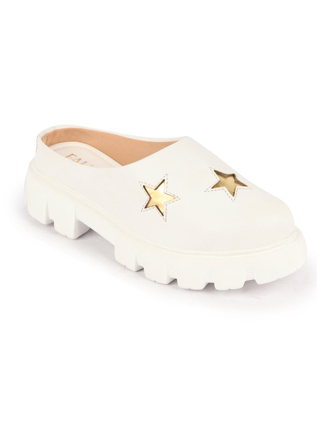 Women White Laser Cut Star Open Back Height Enhancer Slip On Casual Shoes