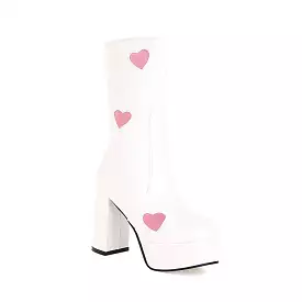 Women's Bicolor Love Hearts Pu Leather Round Toe Side Zippers Block Chunky Heel Platform Mid Calf Boots