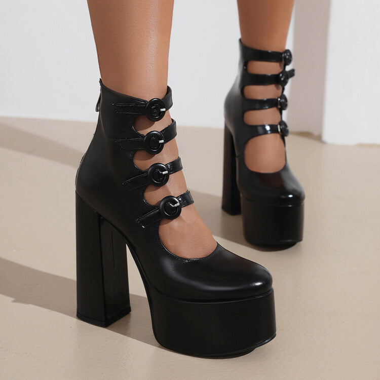 Women's Booties Glossy Round Toe Cutout Buckle Straps Block Chunky Heel Platform Back Zippers Short Boots