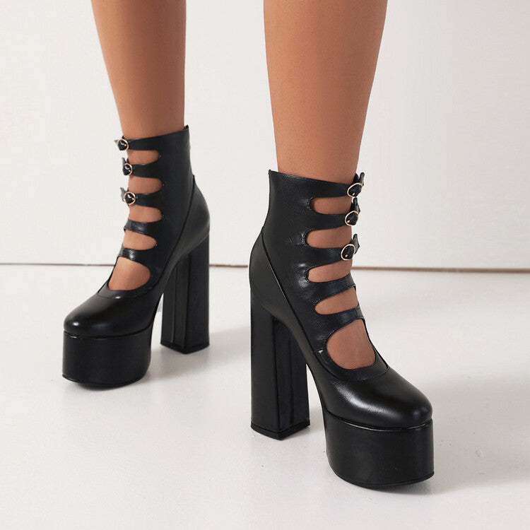 Women's Booties Glossy Round Toe Cutout Buckle Straps Block Chunky Heel Platform Short Boots