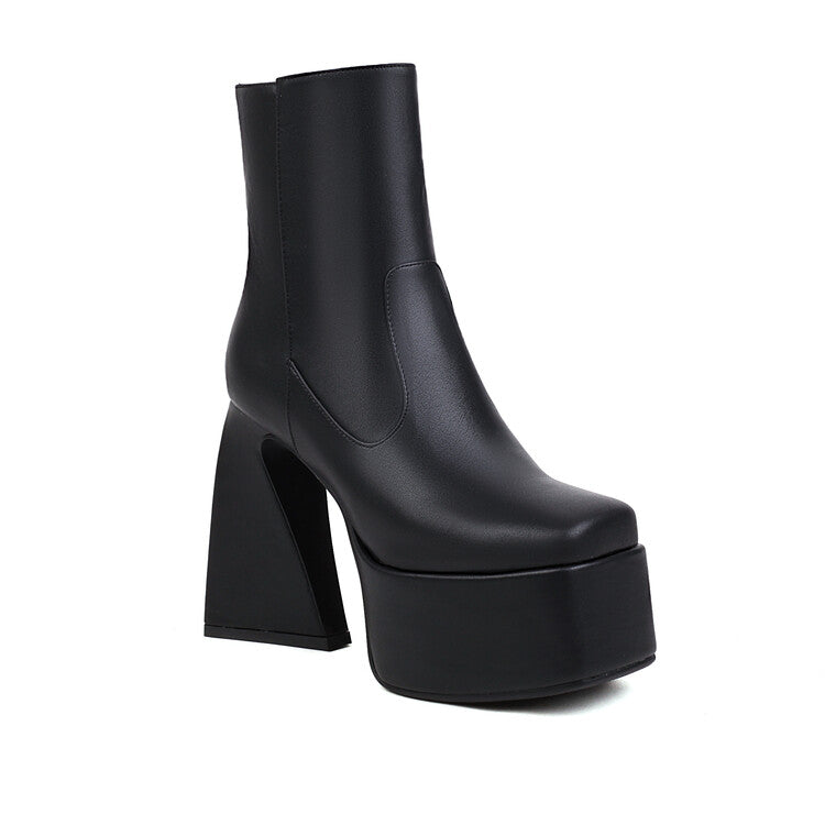 Women's Booties Glossy Square Toe Side Zippers Strange Heel Heel Platform Short Boots