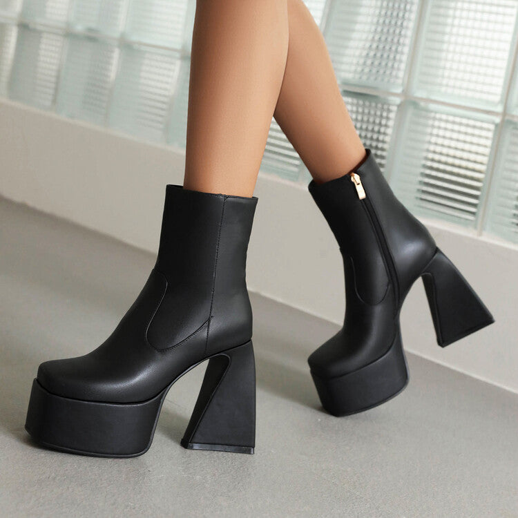 Women's Booties Glossy Square Toe Side Zippers Strange Heel Heel Platform Short Boots