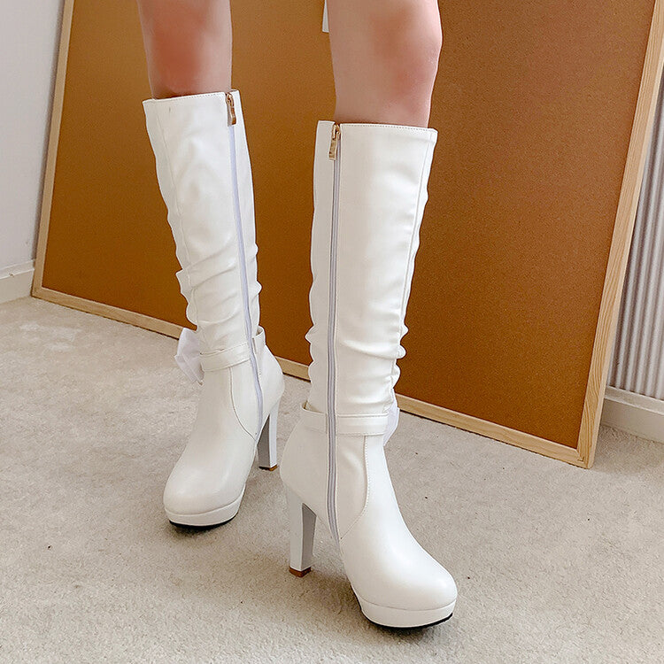 Women's Bow Tie Pearls Side Zippers Block Chunky Heel Platform Knee High Boots