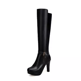 Women's Buckle Straps Side Zippers Block Chunky Heel Platform Knee High Boots