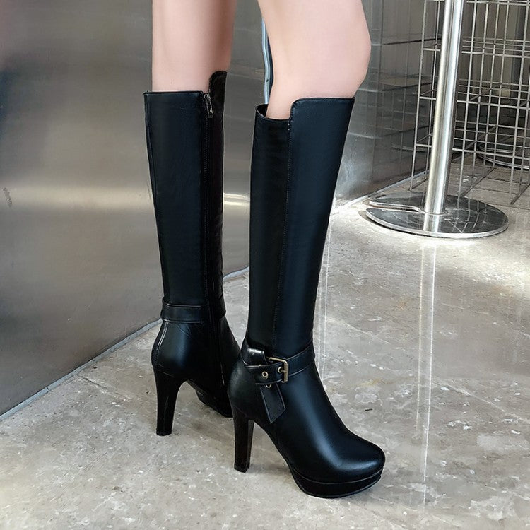 Women's Buckle Straps Side Zippers Block Chunky Heel Platform Knee High Boots