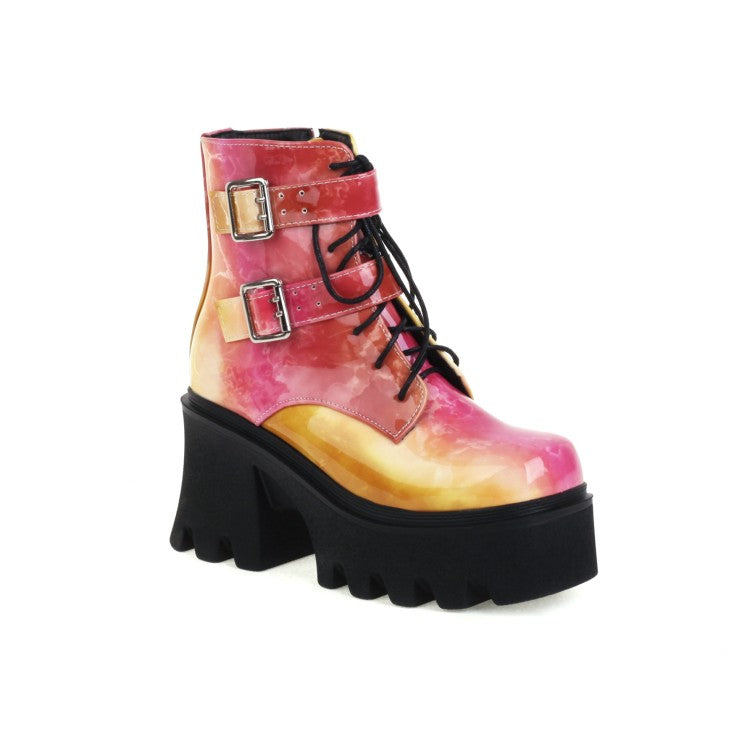 Women's Colorful Square Toe Lace Up Buckle Straps Side Zippers Block Chunky Heel Platform Short Boots