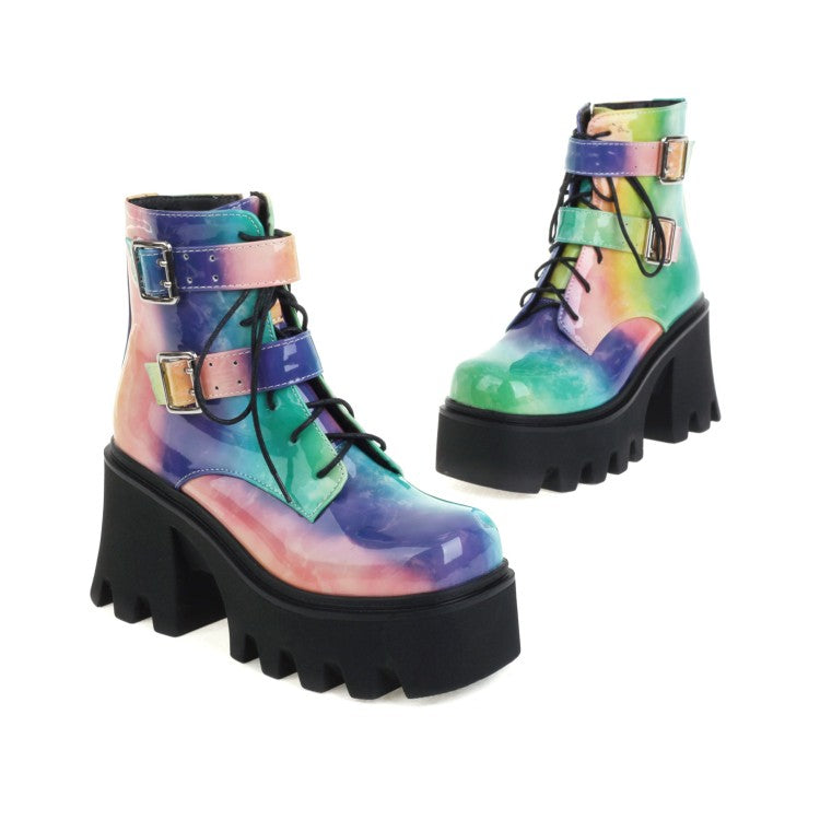 Women's Colorful Square Toe Lace Up Buckle Straps Side Zippers Block Chunky Heel Platform Short Boots