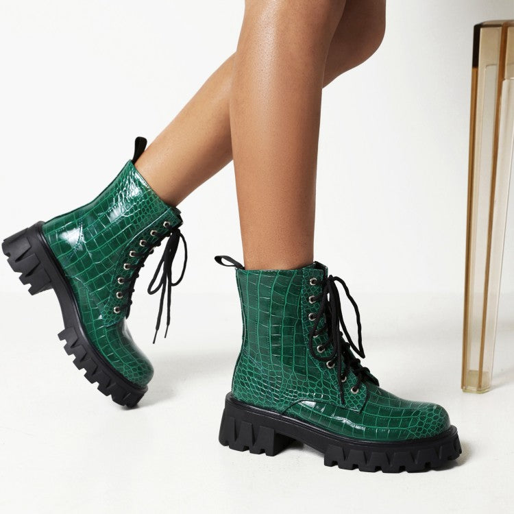 Women's Crocodile Pattern Glossy Square Toe Lace Up Short Boots