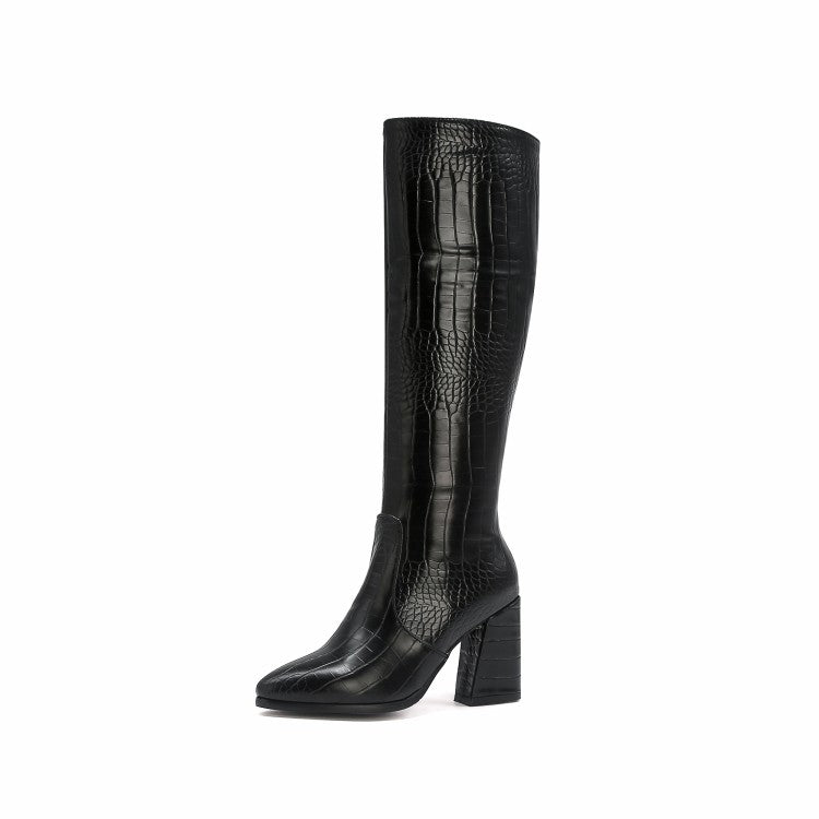 Women's Crocodile Pattern Pu Leather Pointed Toe Side Zippers Block Chunky Heel Knee High Boots