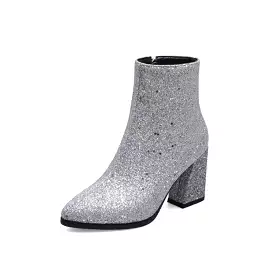 Women's Glitter Pointed Toe Side Zippers Block Chunky Heel Platform Short Boots