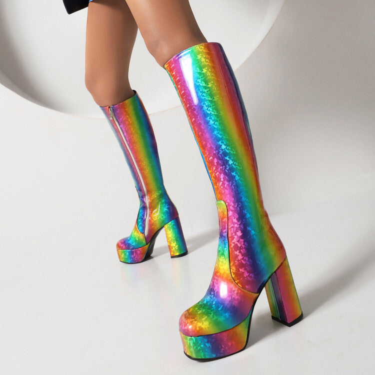 Women's Glossy Round Toe Block Chunky Heel Platform Knee High Boots