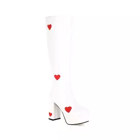 Women's Glossy Round Toe Love Hearts Side Zippers Block Chunky Heel Platform Knee High Boots